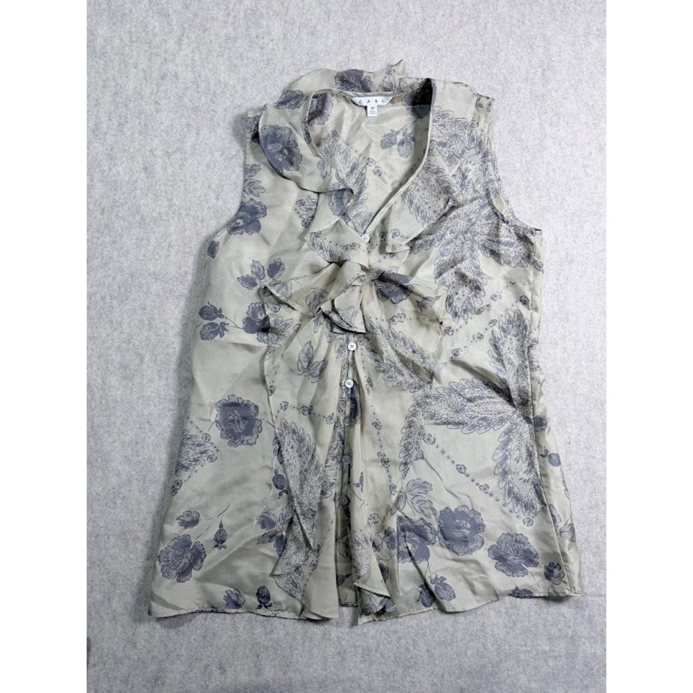 Cabi Silk Blouse Women M Green Floral Ruffle Tie Front‎ Sleeveless Boho Chic Top